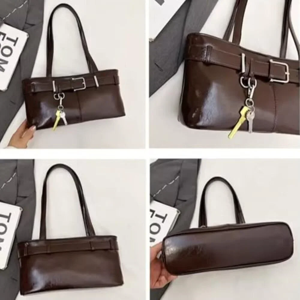 Medium Vegan Leather Tote with Belted Detail & Key Charm